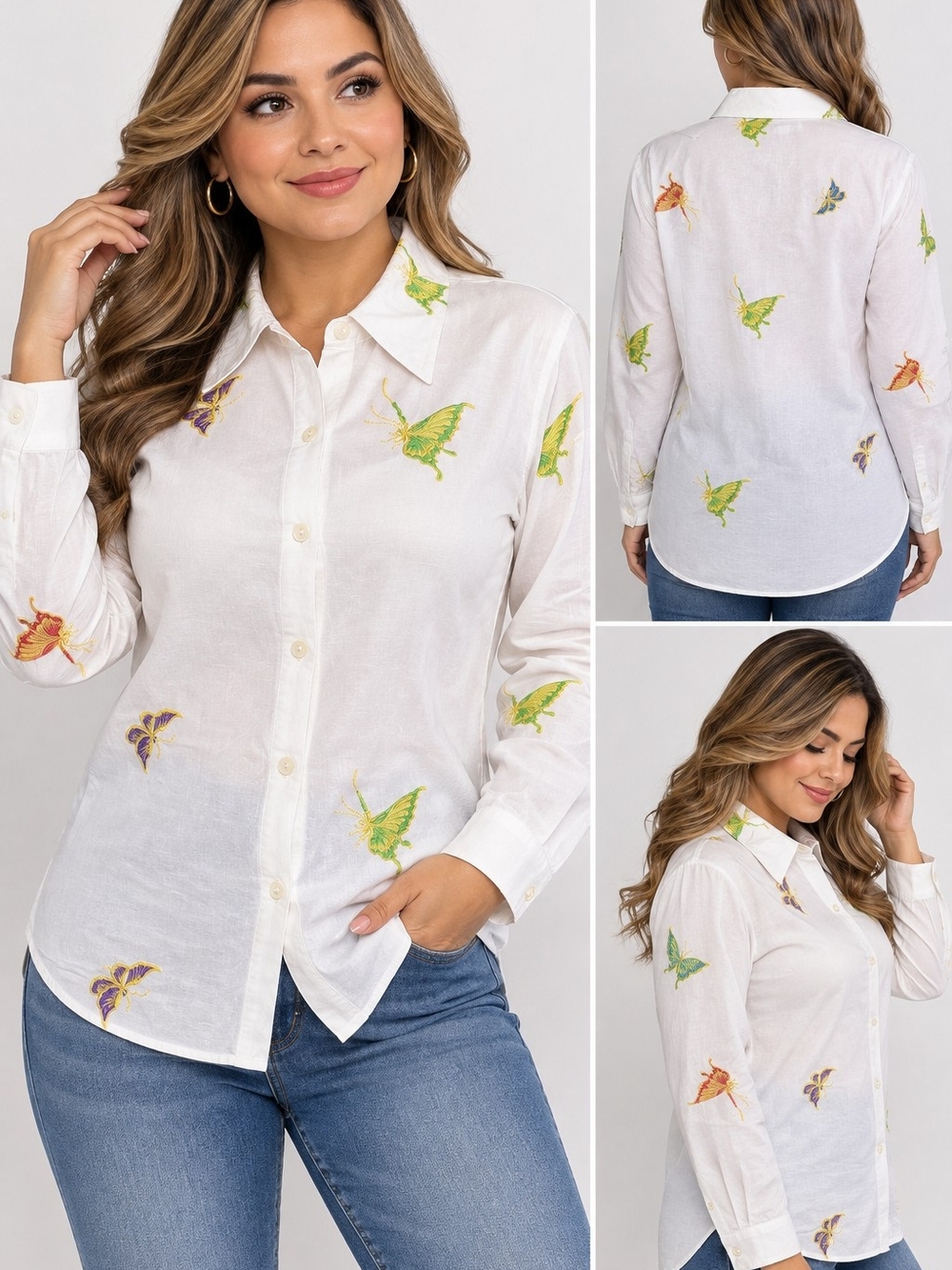 Susan Graver White Button-Down Shirt with Multicolor Butterfly Embroidery